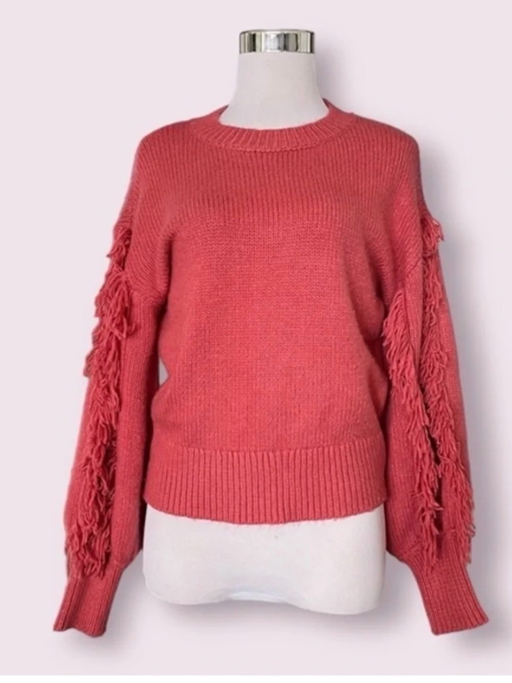 Ann Taylor Coral Fringe Sleeve Crewneck Sweater